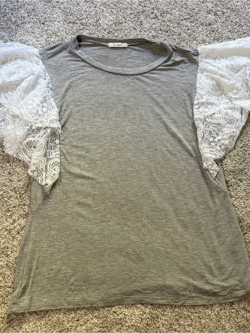 Gray Tee with White Lace Puff Sleeves